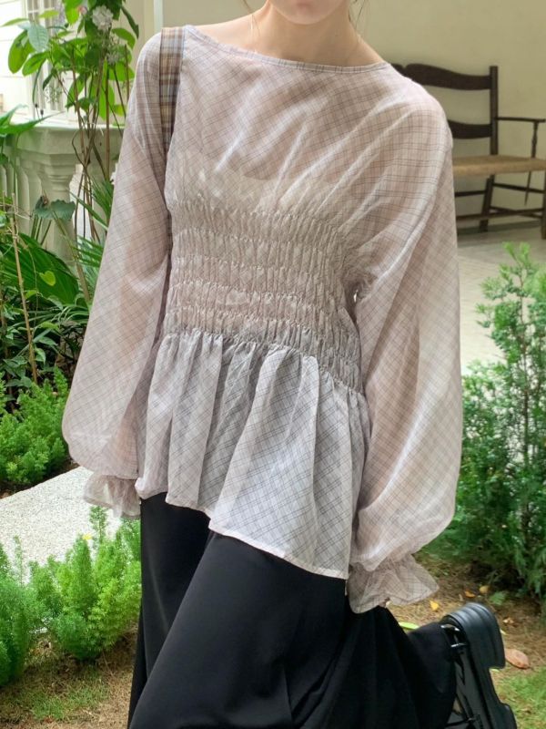 英倫花園日常 格紋抓皺上衣 收腰顯瘦款（2色） 