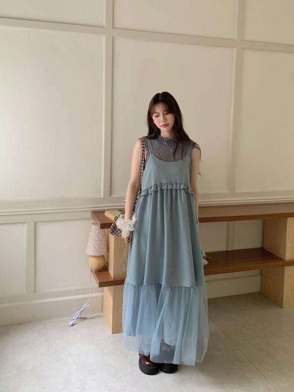 花影層層 細肩輕紗蛋糕洋裝（3色） 