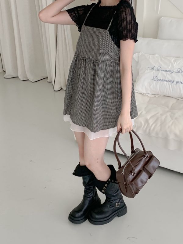 鄰家女孩格紋綁帶背心 