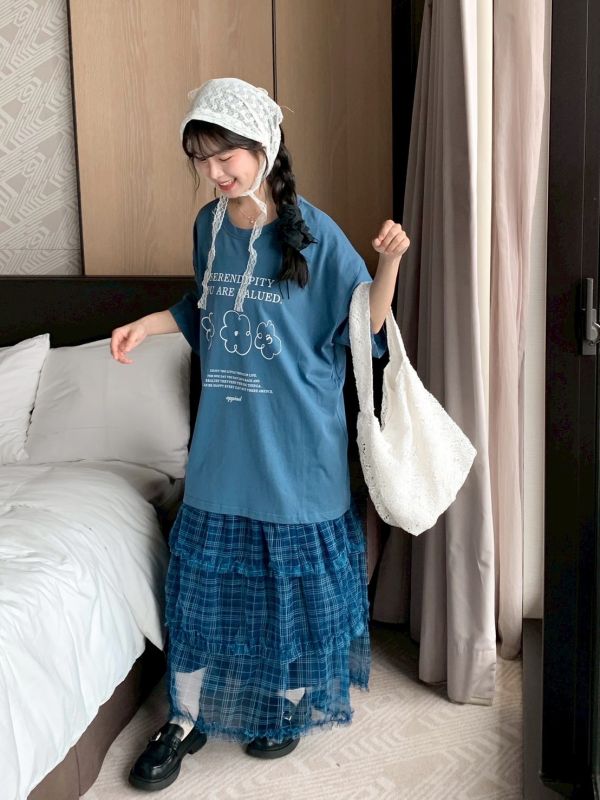 格紋控必收 日系格紋蓬蓬長裙 