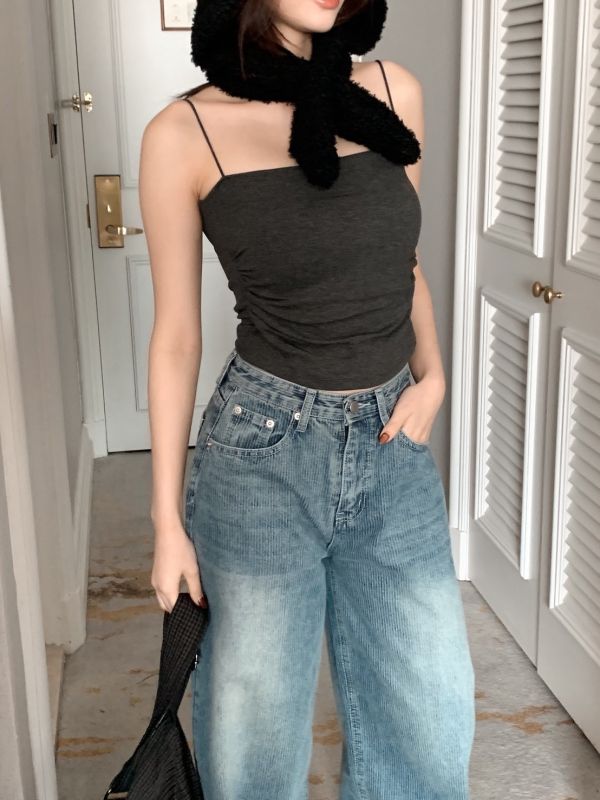 輕霧美胸款 細肩磨毛抓皺吊帶 柔美不做作的小性感（5色） 