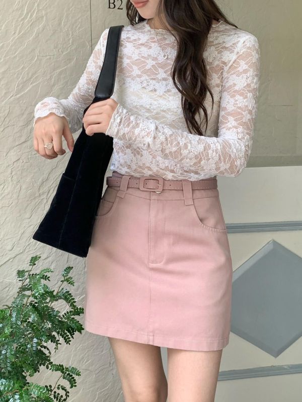 清冷系高腰A字短裙（附腰帶） 