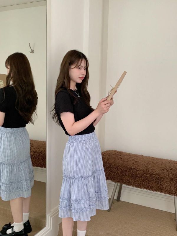 日光氛圍格紋蛋糕長裙 鬆緊腰顯瘦設計 輕甜層次感 慵懶百搭半身裙（多色） 