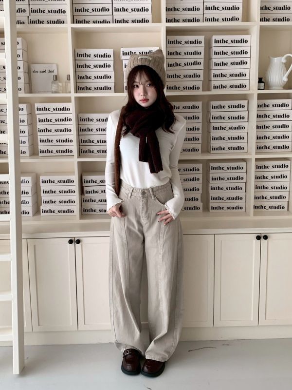 甜栗線條 顯瘦彎刀褲 高腰修身 秋冬百搭長褲（3色） 