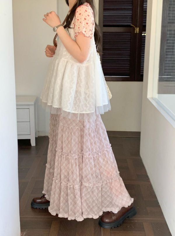 奶油花園格紋裙 春季新款 法式格紋裙 蛋糕裙 A字長裙 高腰顯瘦 氣質長裙 韓系穿搭（2色） 