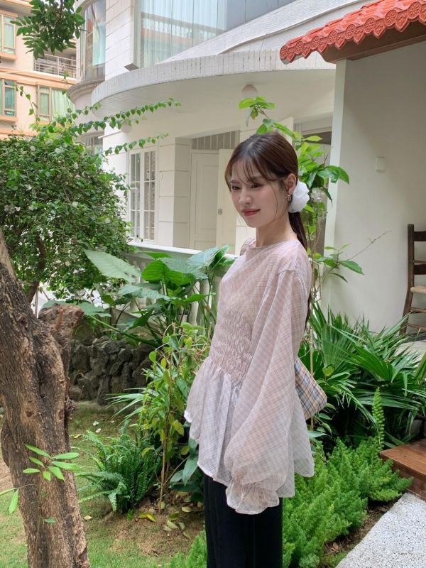 英倫花園日常 格紋抓皺上衣 收腰顯瘦款（2色） 