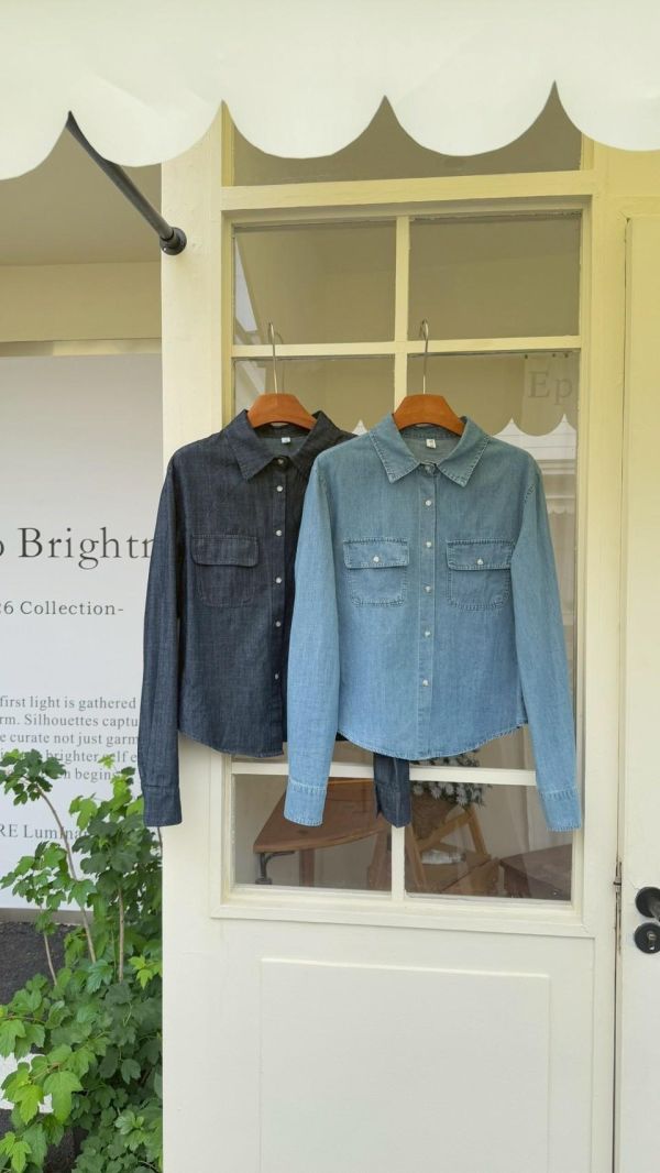 歐洲街角日常 短版牛仔襯衫 雙口袋設計 顯比例百搭襯衫（2色） 