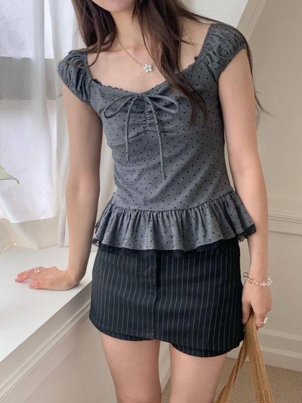 花霧戀愛莊園 綁帶方領上衣 輕甜顯瘦上衣（2色） 