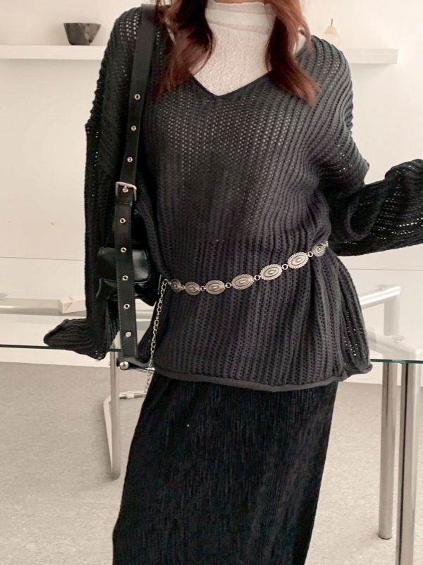 冬日溫暖系 洞洞針織上衣 V領寬鬆版（3色） 