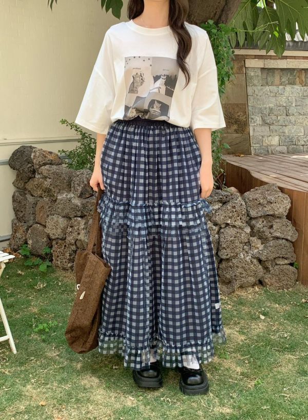 霧夜格紋長裙 紗層荷葉裙（4色） 