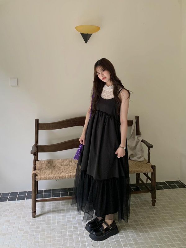 花影層層 細肩輕紗蛋糕洋裝（3色） 