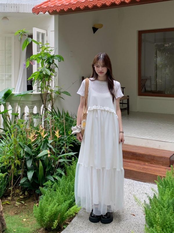 花影層層 細肩輕紗蛋糕洋裝（3色） 