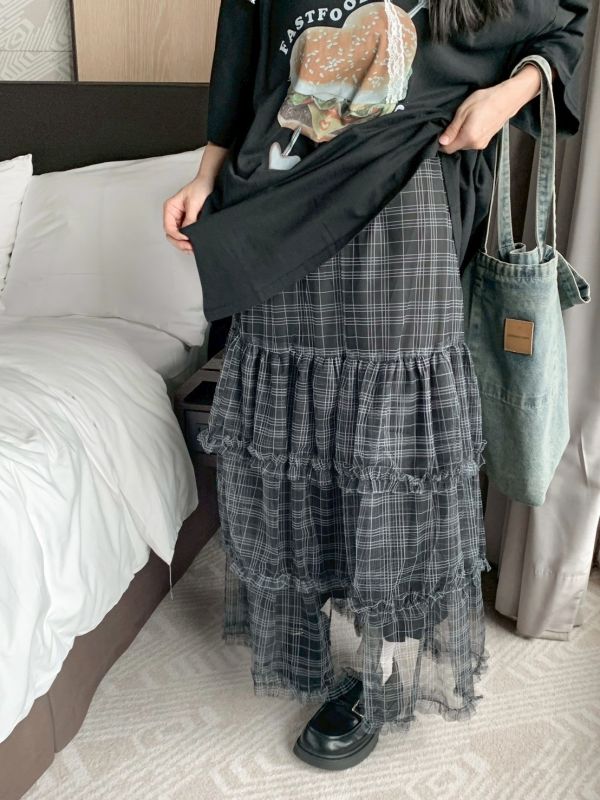 格紋控必收 日系格紋蓬蓬長裙 