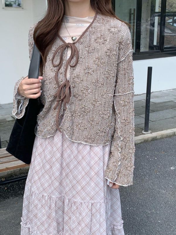 香榭花園針織 韓系綁帶短版針織上衣 慵懶薄針織罩衫（3色） 