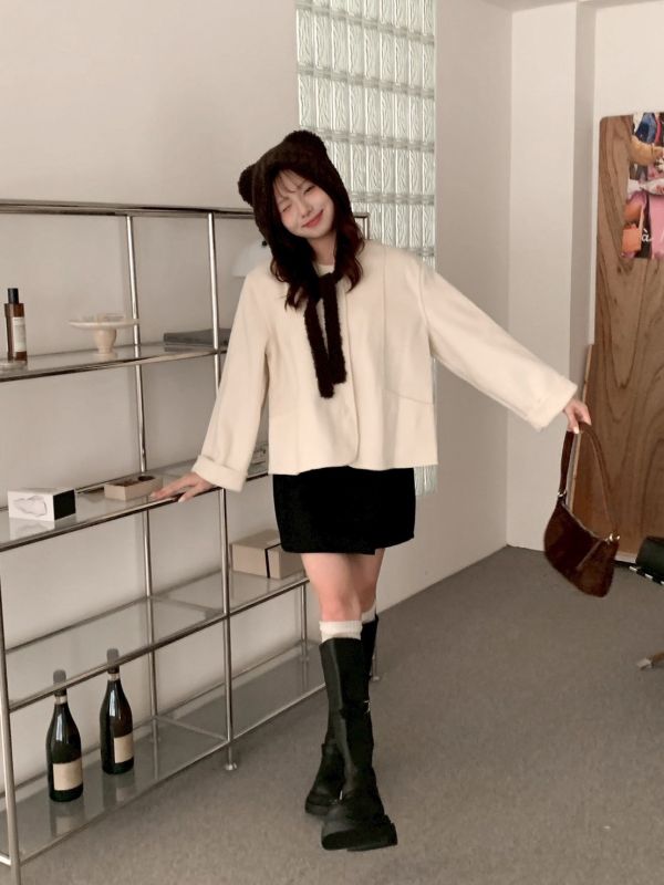 精緻季節 無領羊毛感短版大衣 外套顯瘦不挑人（3色） 