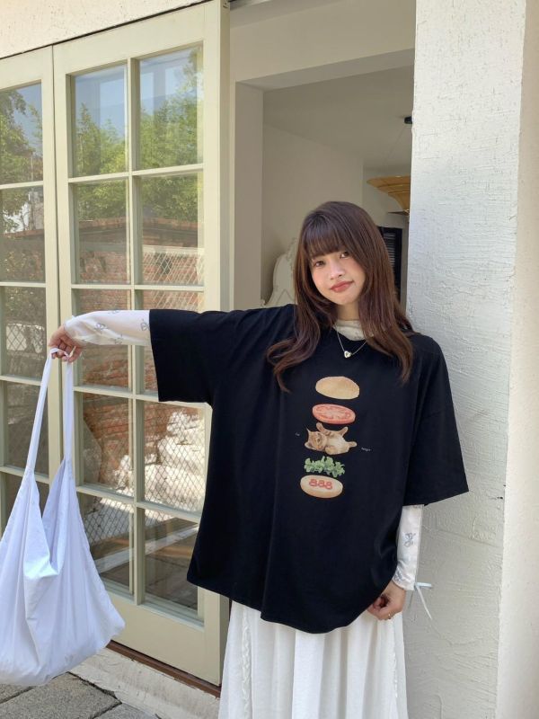 貓咪午餐漢堡印花T  寬鬆短袖上衣 百搭休閒T（6色） 