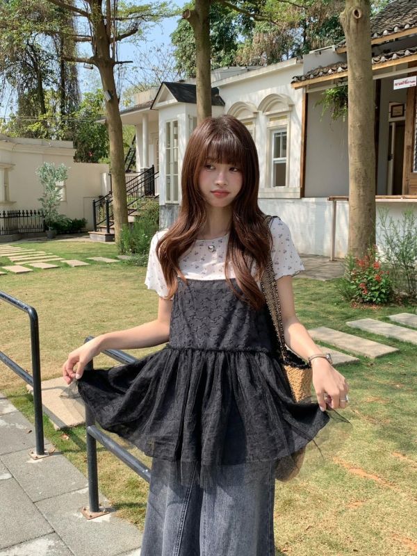 花霧蕾絲網紗背心 韓系甜美網紗背心 小隻女孩百搭疊穿（3色） 
