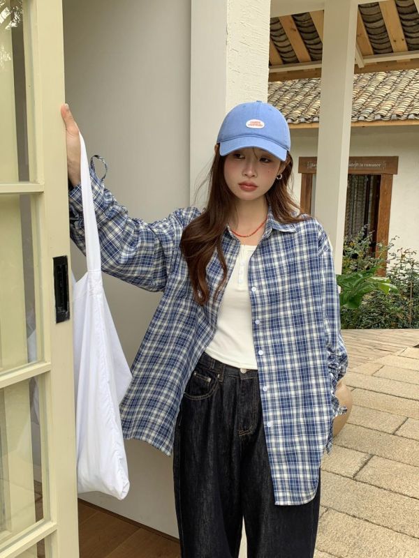 海岸微風格紋襯衫 韓系格紋襯衫 抽繩袖襯衫 長袖襯衫 寬鬆顯瘦 百搭襯衫（2色） 