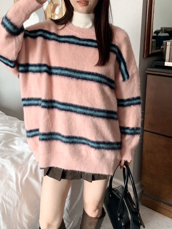 糖霜電波 毛絨條紋寬鬆針織上衣 冬日軟萌百搭款（3色） 