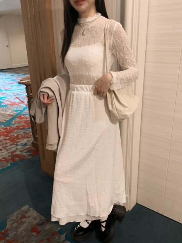輕甜美感 優雅提花鬆緊腰層次長裙 