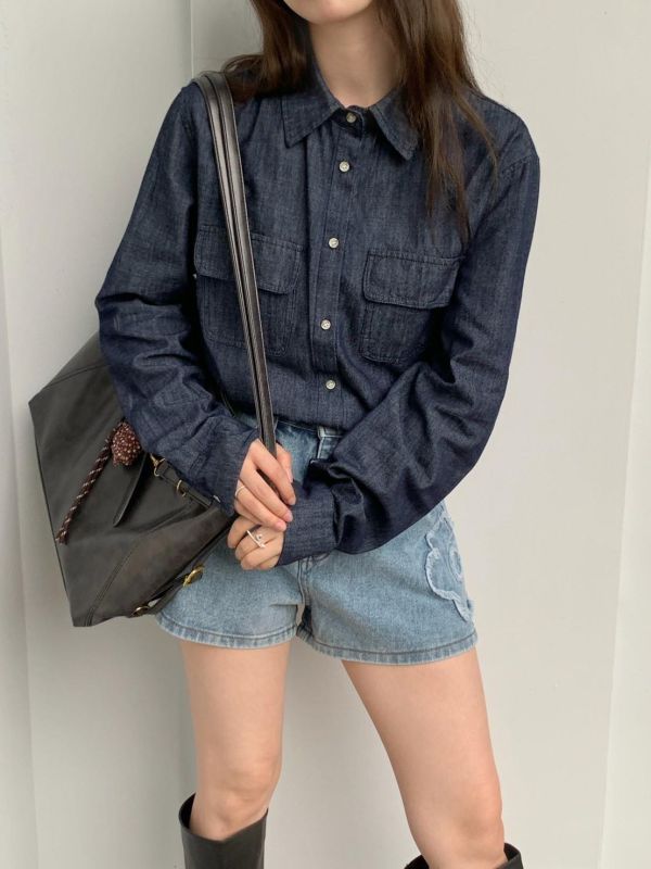 歐洲街角日常 短版牛仔襯衫 雙口袋設計 顯比例百搭襯衫（2色） 