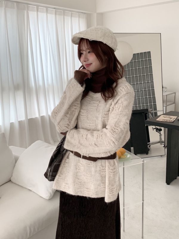 繫住溫柔 毛絨針織上衣＋麂皮腰帶 （2色） 