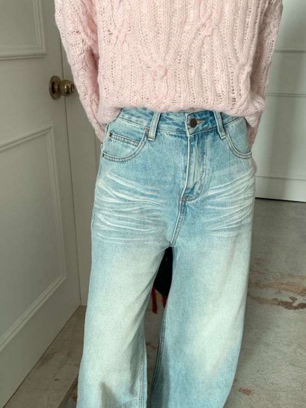 藍調時光 貓抓紋 復古刷色寬褲顯腿長版 百搭不挑人牛仔褲 