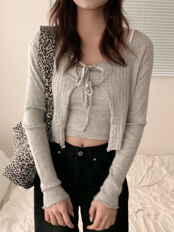 質感日常 薄針織綁帶外套＋吊帶套裝 兩件式上衣組(4色） 