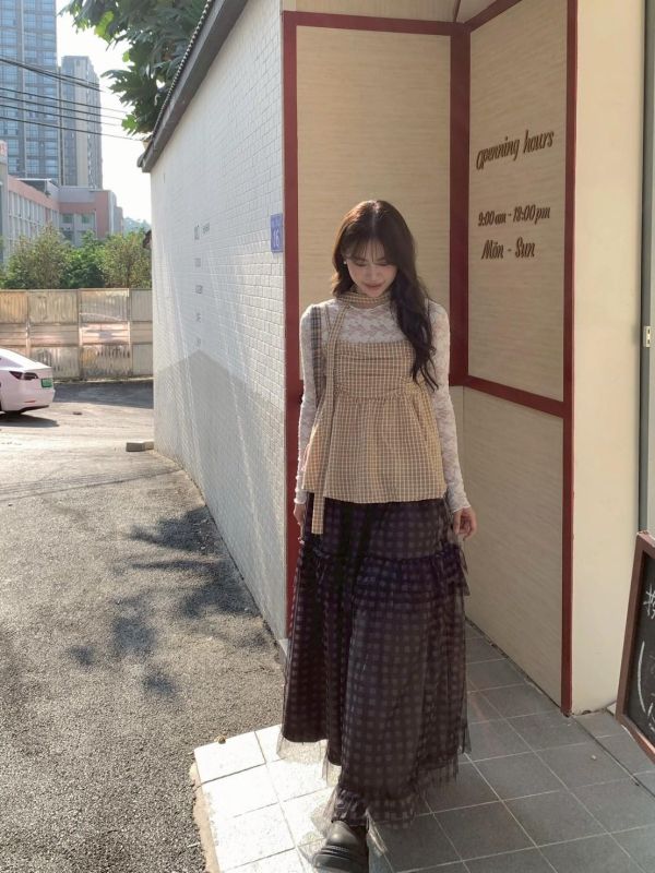 初戀日記 格紋背心 韓系甜感小可愛 顯瘦傘狀上衣（3色） 