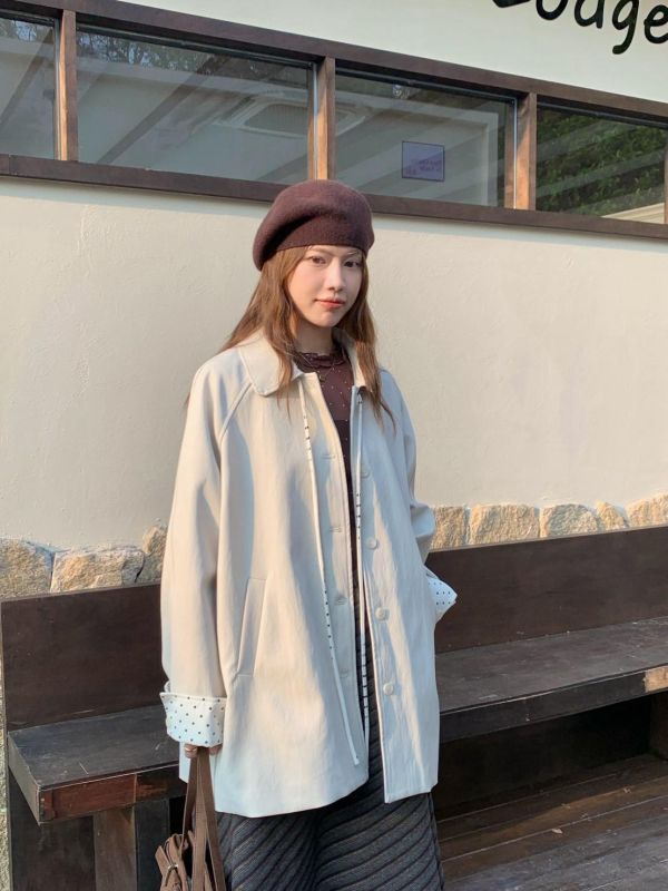 晚秋小町散步 點點袖口綁帶長版外套 日系小千金翻領大衣 秋季氣質外套（3色） 
