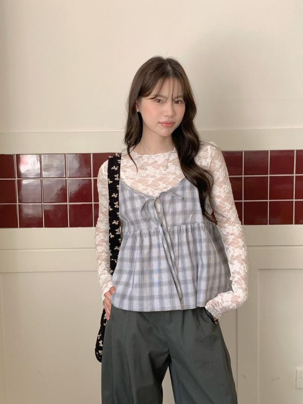 奶霧初戀 格紋細肩小背心 韓系小可愛上衣 顯瘦小隻女孩必收 