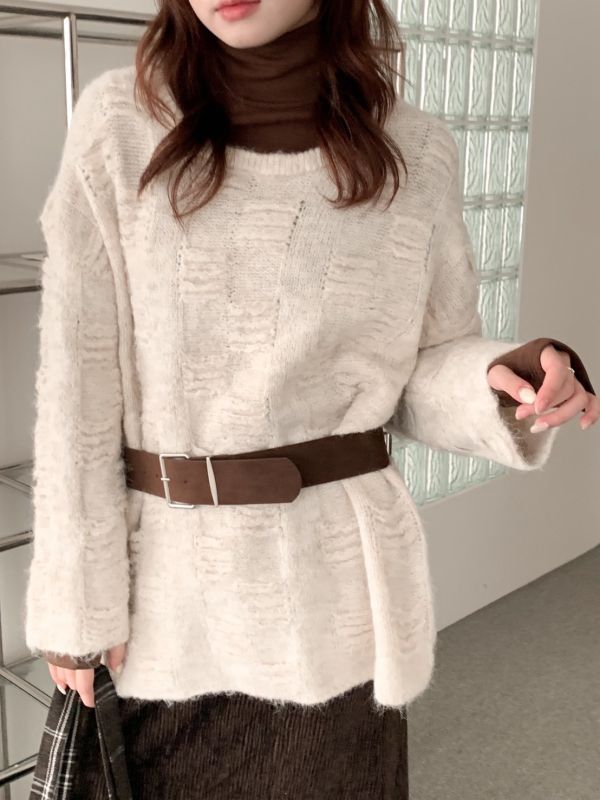繫住溫柔 毛絨針織上衣＋麂皮腰帶 （2色） 
