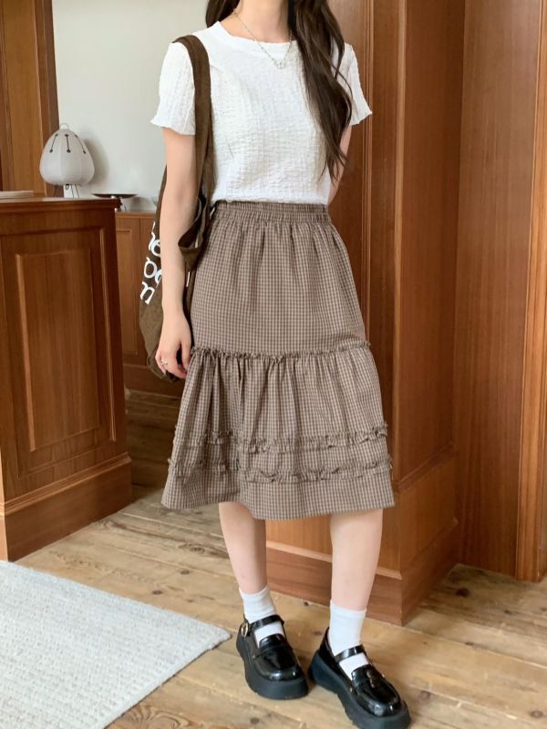 日光氛圍格紋蛋糕長裙 鬆緊腰顯瘦設計 輕甜層次感 慵懶百搭半身裙（多色） 