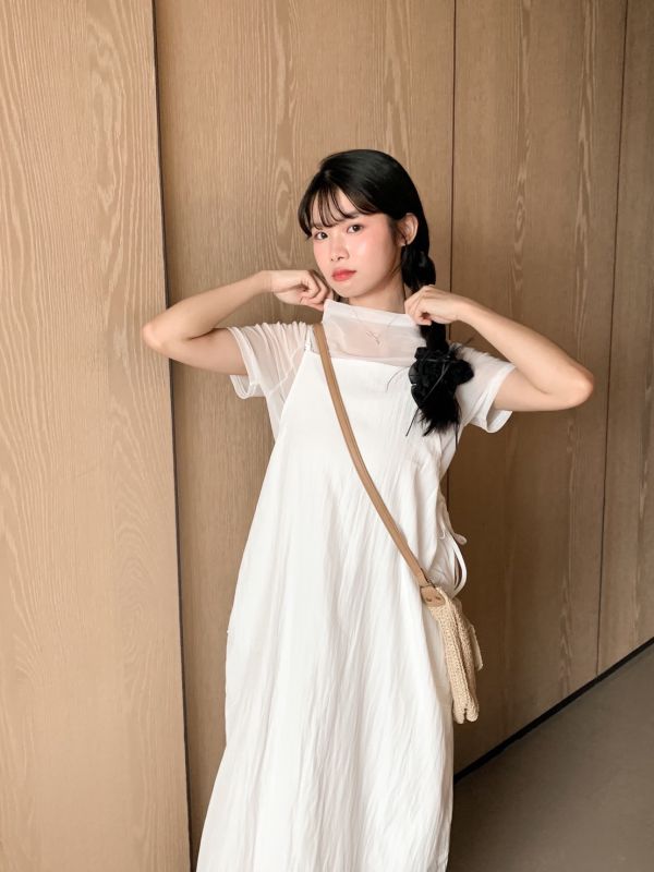韓系溫柔派少女 工裝感吊帶洋裝 整套販售（洋裝+透膚上衣） 
