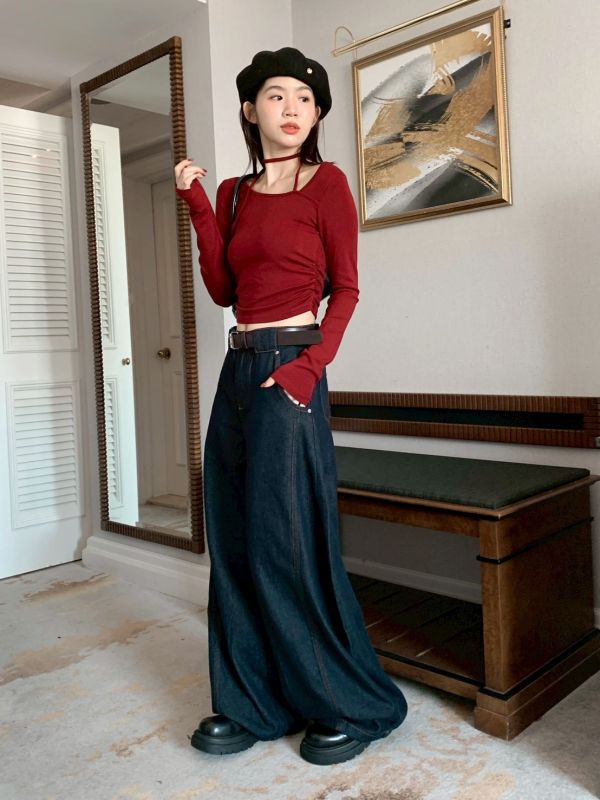 城市深藍 復古大寬褲 走路自帶帥氣風（S-2XL) 