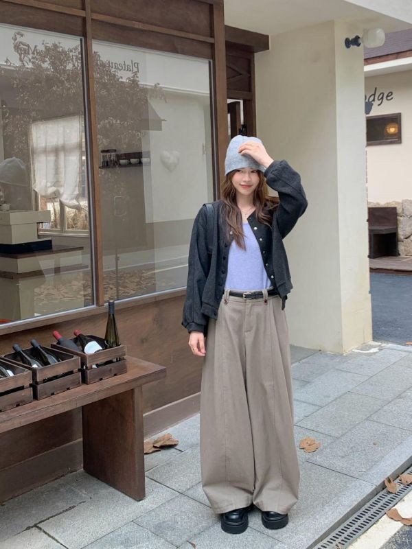 京都暮色散步 附皮帶高腰西裝寬褲 日系垂墜落地長褲 顯瘦打褶西裝褲 （4色） 