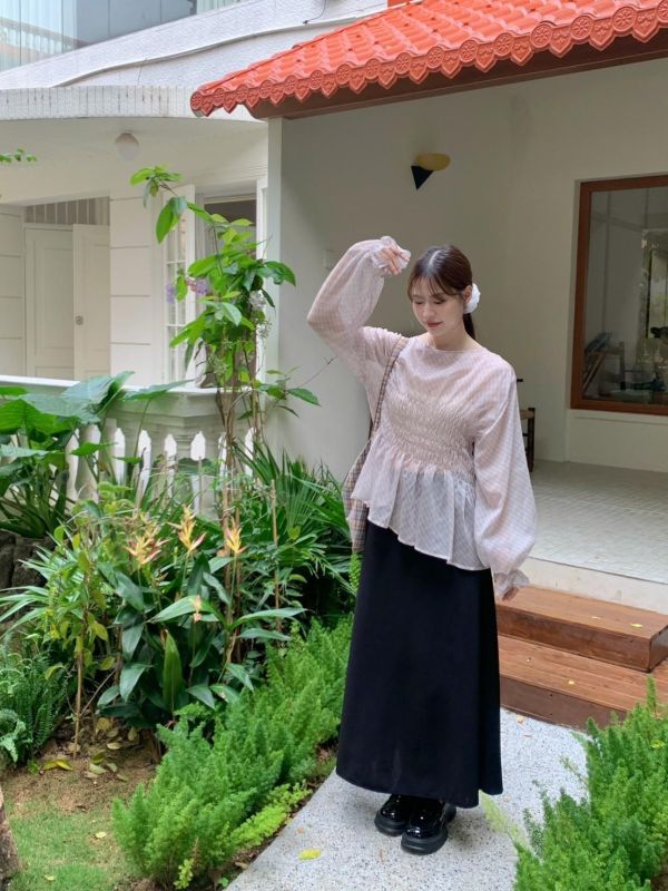 英倫花園日常 格紋抓皺上衣 收腰顯瘦款（2色） 