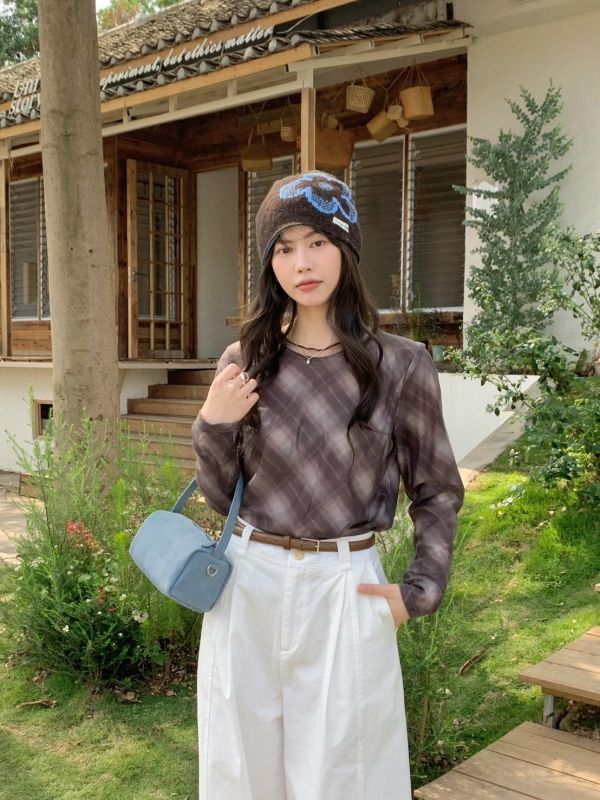 晨霧格紋上衣 春季新款 韓系暈染上衣 長袖打底上衣 修身顯瘦 薄款內搭 氣質穿搭（3色） 