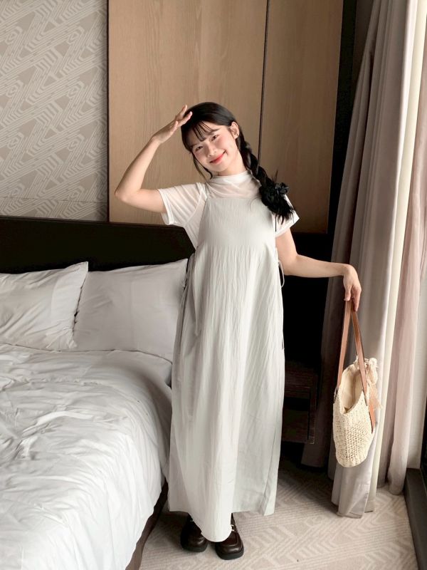 韓系溫柔派少女 工裝感吊帶洋裝 整套販售（洋裝+透膚上衣） 