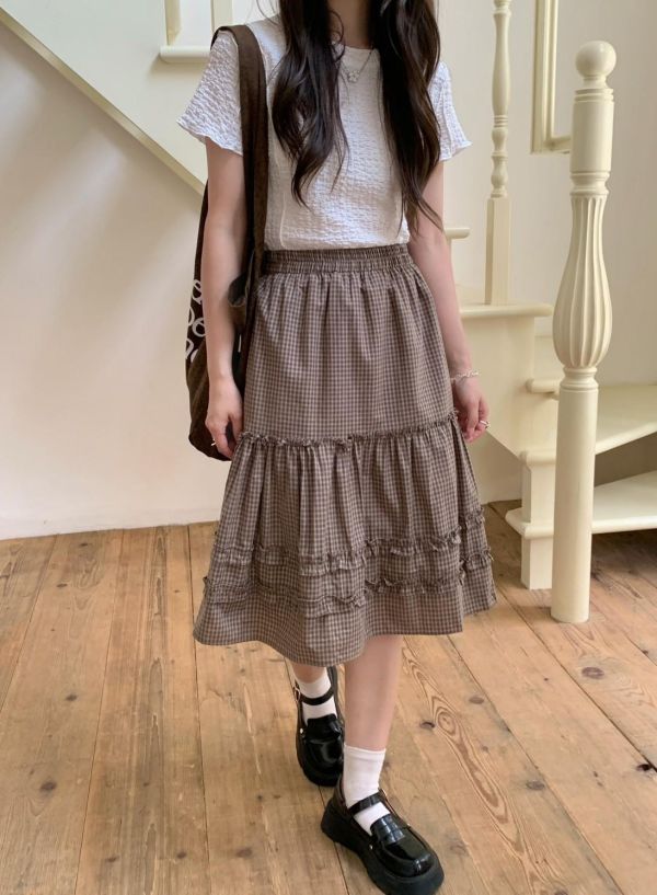 日光氛圍格紋蛋糕長裙 鬆緊腰顯瘦設計 輕甜層次感 慵懶百搭半身裙（多色） 