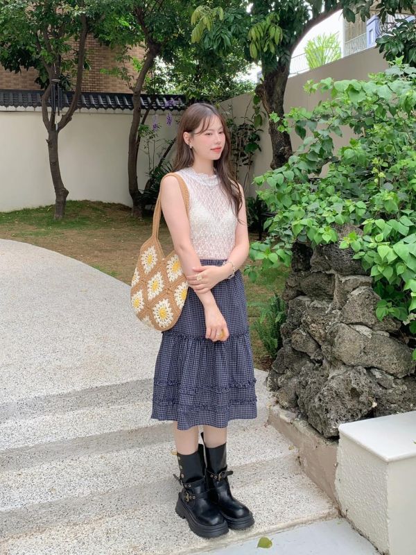 日光氛圍格紋蛋糕長裙 鬆緊腰顯瘦設計 輕甜層次感 慵懶百搭半身裙（多色） 