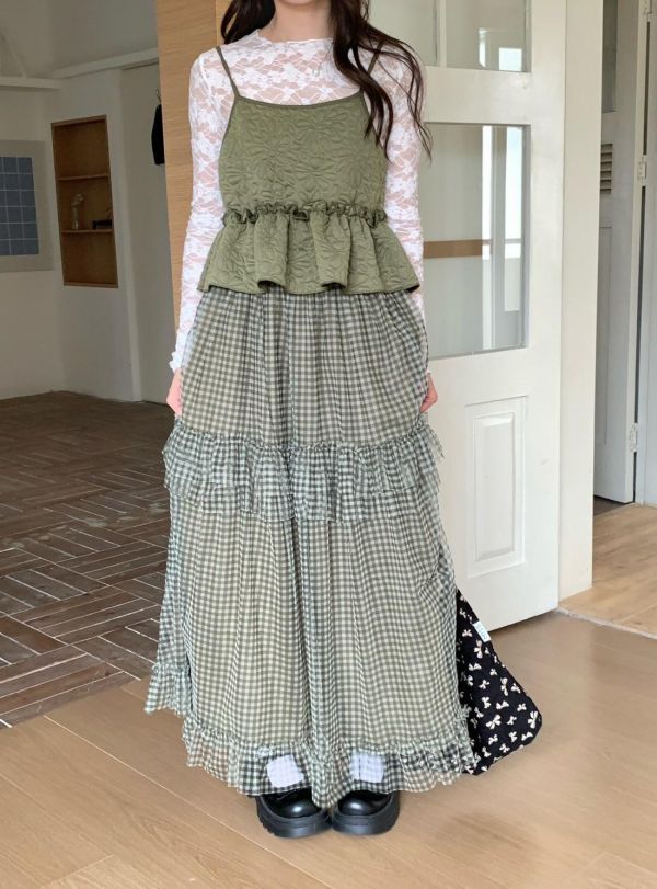 霧夜格紋長裙 紗層荷葉裙（4色） 