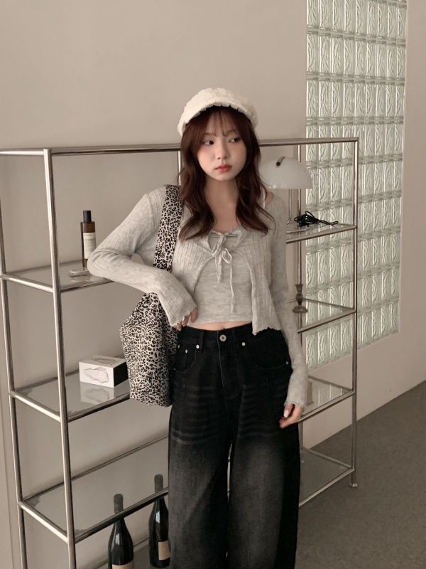 質感日常 薄針織綁帶外套＋吊帶套裝 兩件式上衣組(4色） 