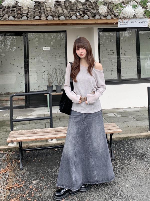 塞納河畔 牛仔長裙 韓系高腰A字牛仔裙 顯瘦顯腿長氣質長裙（S-XL) 