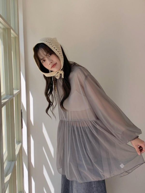 雲霧娃娃 網紗上衣 韓系透膚長袖顯瘦上衣 百搭氣質上衣（3色） 