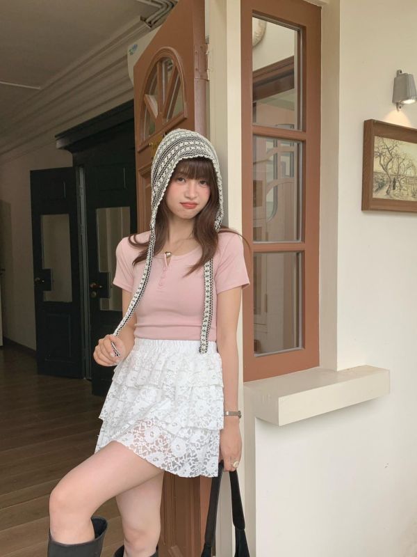春日花語 蕾絲蛋糕裙 韓系甜妹層次短裙 高腰顯瘦 約會感百搭短裙（2色） 