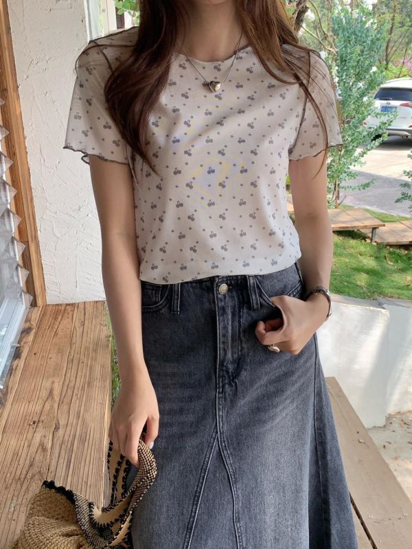 櫻桃糖心 網紗上衣  韓系印花透膚打底衫 百搭短袖（4色） 