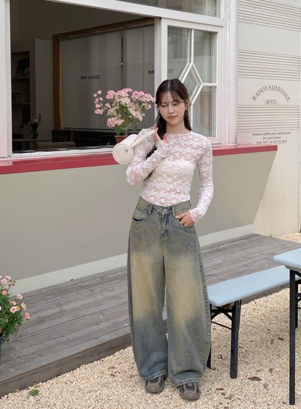 流浪日光刷色牛仔長褲 高腰彎刀顯瘦版 