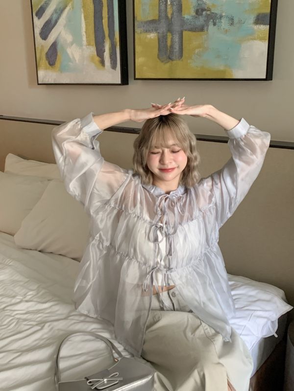 柔軟浪花 微緞面光正反兩穿綁帶罩衫(4色) 