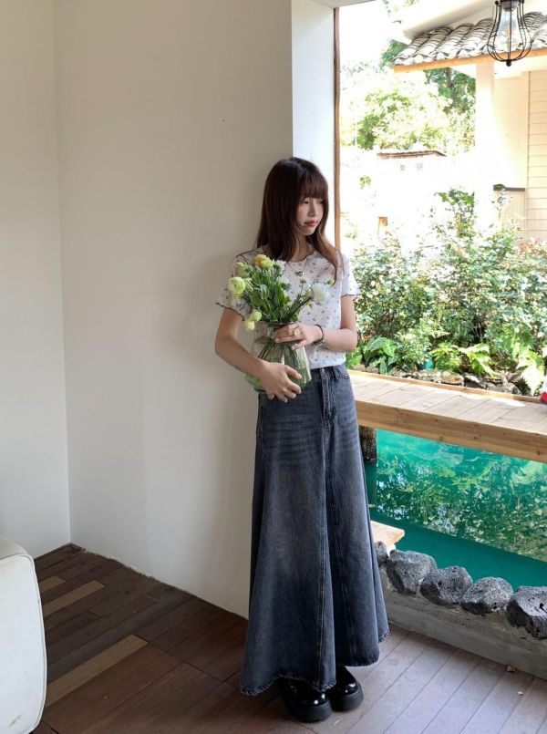 塞納河畔 牛仔長裙 韓系高腰A字牛仔裙 顯瘦顯腿長氣質長裙（S-XL) 